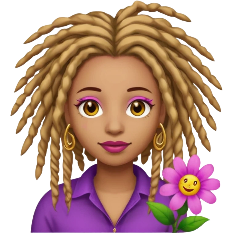 Gold dread locs pink emoji face purple flower in the hair red lipstick light brown face  just the face pink tips on end of locs  emoji