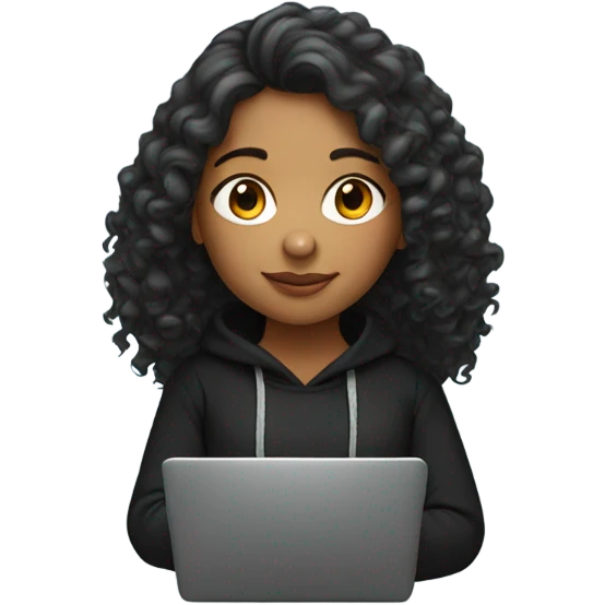 indian girl  with curly shoulder length hair wearing black hoody with laptop emoji