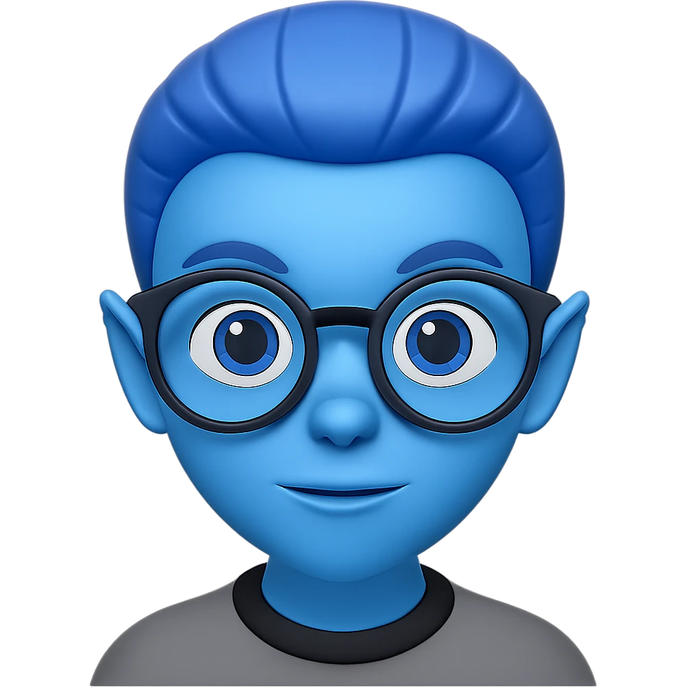 Create an alien with glasses in Apple emoji style with blue skin and no background. The style should mimic Apple emojis. emoji