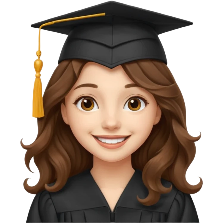Graduated Students, Cheerful girl, long brown wavy hair, wearing graduation cap emoji