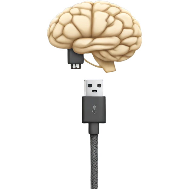 USB cable connected to human brain emoji