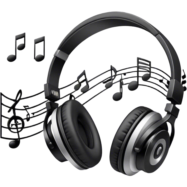 Icon for R&B Music Listening: a pair of high-quality headphones with a music player or speaker beside it, surrounded by musical notes and a subtle background of R&B-related elements like smooth grooves or a microphone. Transparent background. emoji