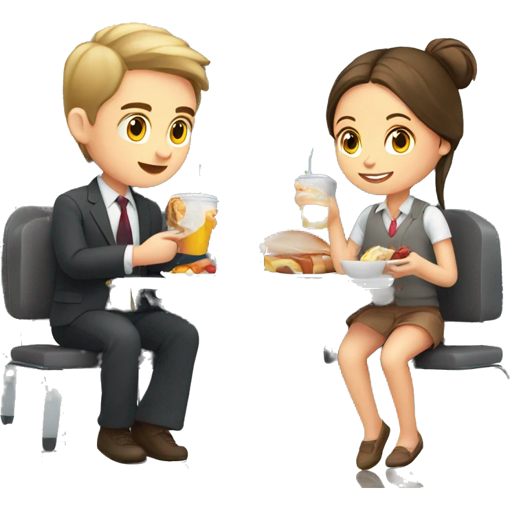 Boy and girl at the airport eating ful English breakfast  emoji
