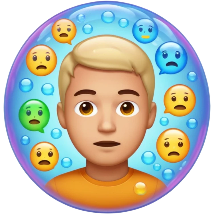 Realistic emoji-style man trapped inside a glowing filter bubble. The bubble contains identical social media icons and repeating content symbols. Outside the bubble are colorful diverse icons he cannot see. The man looks comfortable but unaware, expressing narrow perspective. emoji