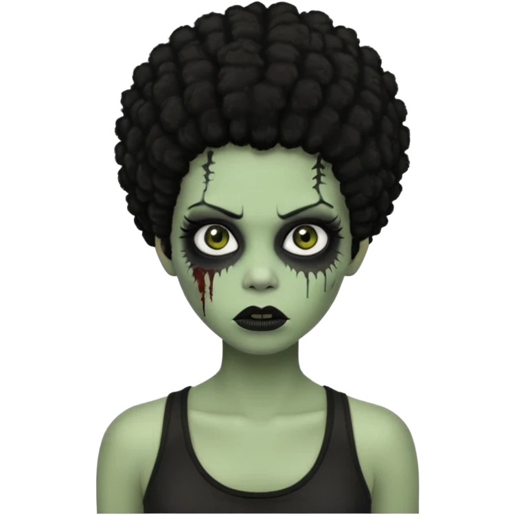 a female zombie with sage green skin, black afro hair, eyelashes and a black tank top emoji