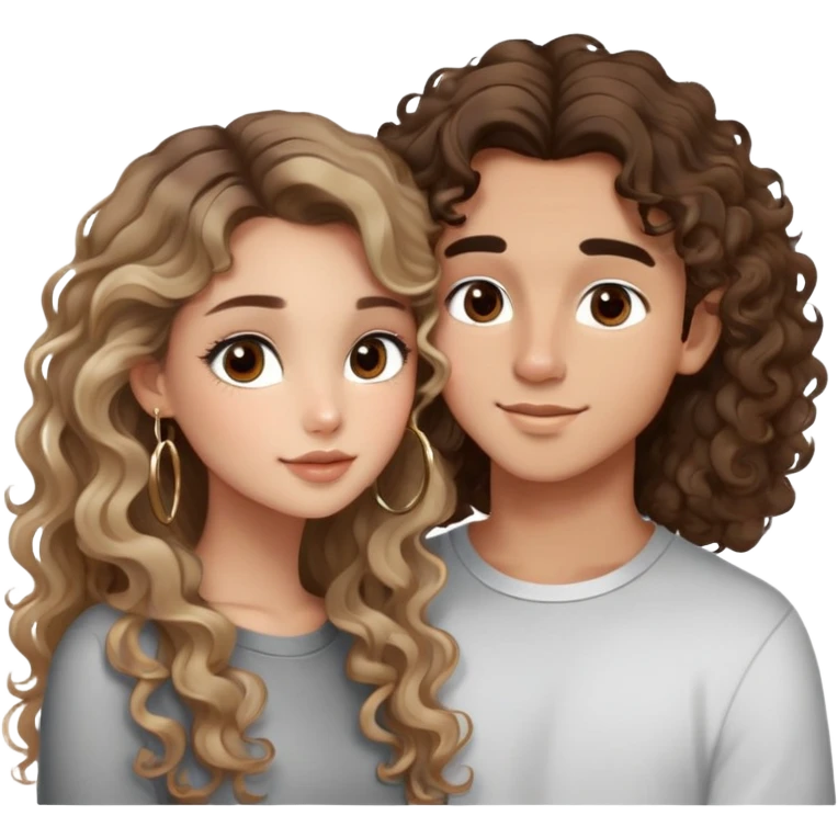 cute girl (long brunette balayage curly/wavy not voluminous hair, brown eyes, hoop earrings, natural pretty clean makeup): kissing on the cheek a cute boy (blondish SUPER STRAIGHT hair and brown eyes and a cute face) emoji