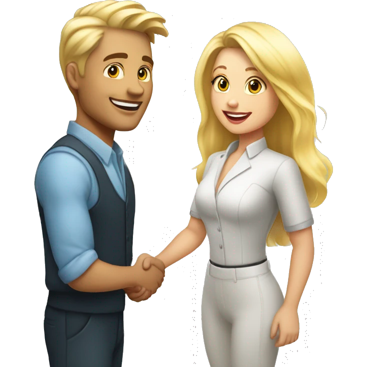 adult restaurant owner with white skin and blogger with white skin and blonde hair shaking hands in full height emoji