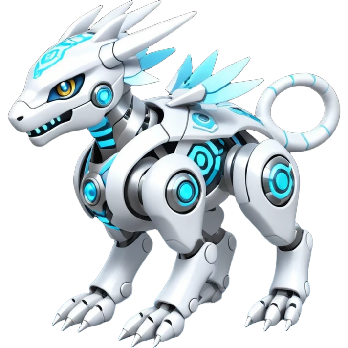 Futuristic mechanical cyborg modern badass cool shiny metallic alloy  white with glowing cyan-blue animal Digimon Fakémon hybrid full body with intricate patterns emoji
