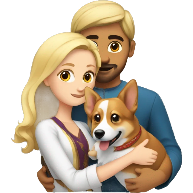 blonde girl with arab guy holding a corgi in their arms emoji