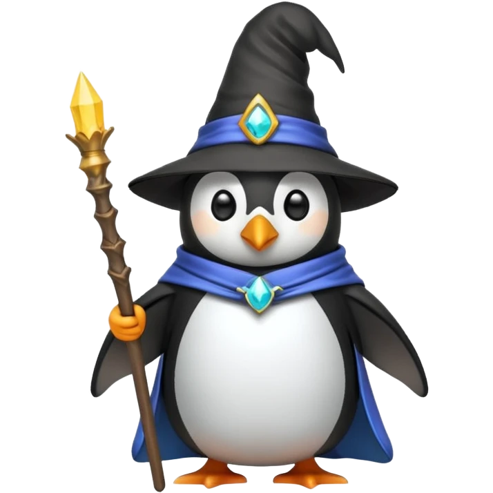 penguin dressed as a wizard with a pointy hat and a magic staff, fun emoji style emoji