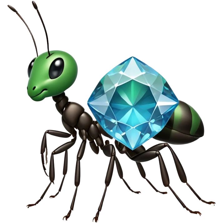 Create a simple emoji-style icon of an ant holding a diamond. The design should be minimalistic with clean lines and bold outlines. Use flat design and corporate colors like blue and green. Optimize for 100x100 pixels. Make the ant look friendly and dynamic, symbolizing value creation and teamwork. emoji