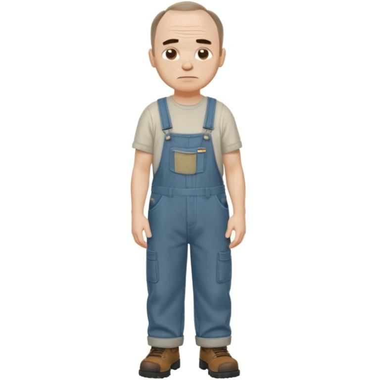Carl from Sling Blade, full body, 3/4 angle, slouching, chin sticks out, grimacing, wearing overalls emoji