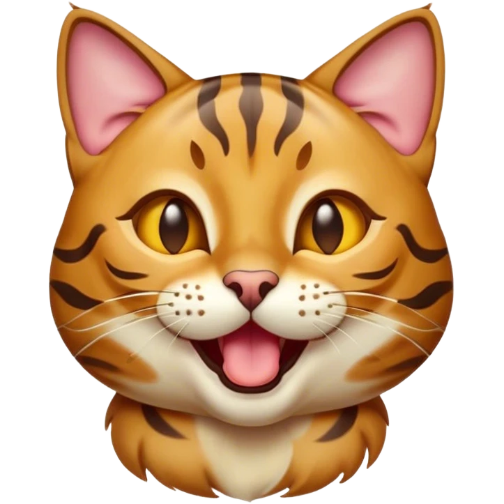 Cinematic Cute Bengal Cat Portrait Emoji, Head tilted playfully and yawning, sleek spotted brown and gold tones, Simplified yet adorable features, highly detailed, glowing with a warm, friendly glow, high shine, curious and affectionate, stylized with a touch of whimsy, bright and alert, soft glowing outline, capturing the essence of a mischievous yet loving kitten, so endearing it feels like it could leap out of the screen and stretch! emoji