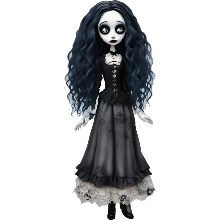 full height, tim burton "corpse bride", porcelain doll with a cracked face, goth makeup watery eyes, long hair, lace and ruffles, lolita style, inked, black and white, red roses emoji