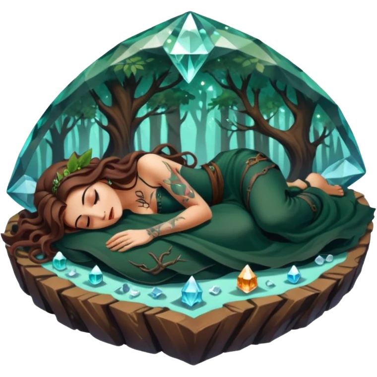 cute forest witch woman long wavy brown hair tattoos napping on crystal emoji