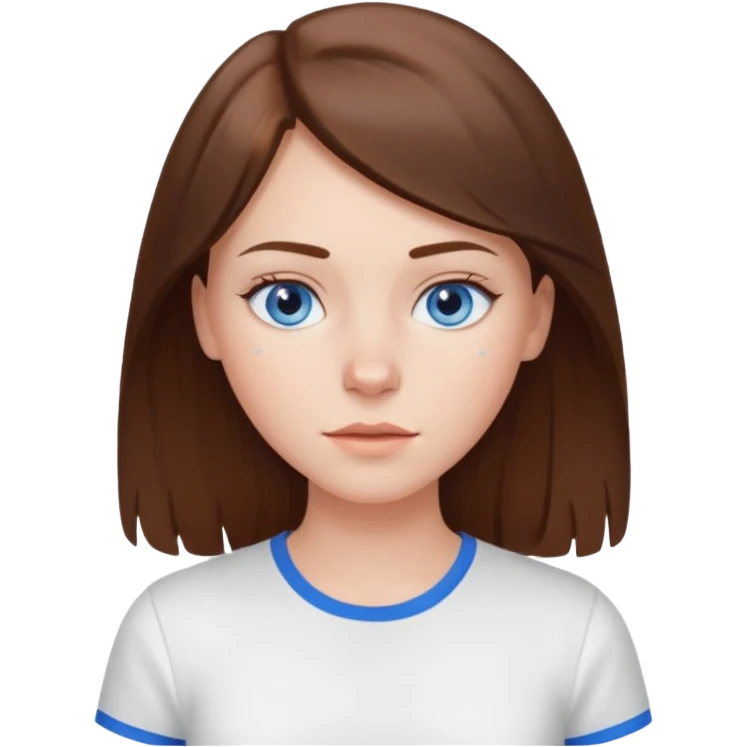 Create an emoji of a white Girl with brunette hair blue eyes faint freckles and hair to her chest wearing a white shirt emoji