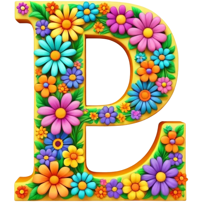 3D, gothic style psychedelic colored capital Letter P with hippie style flower border emoji