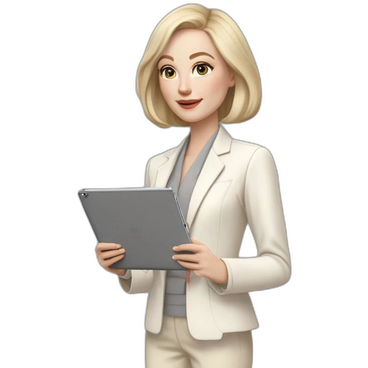 pale skin woman with ash blonde Straightened bob Hair, White Spacious classical jacket, beige palazzo Arrow pants and gray blouse holding a IPad Pro 12.9” in the hands emoji