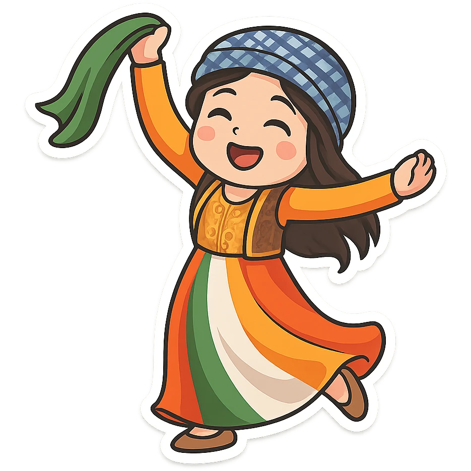 Create a colorful and cheerful Kurdish cartoon sticker in chibi style. Show the traditional Kurdish clothing and a dancing pose. The background should be transparent. Suitable for WhatsApp and Instagram. emoji
