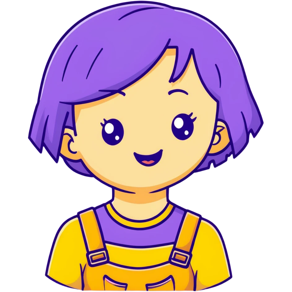 A cute girl with purple hair and a cheerful expression emoji