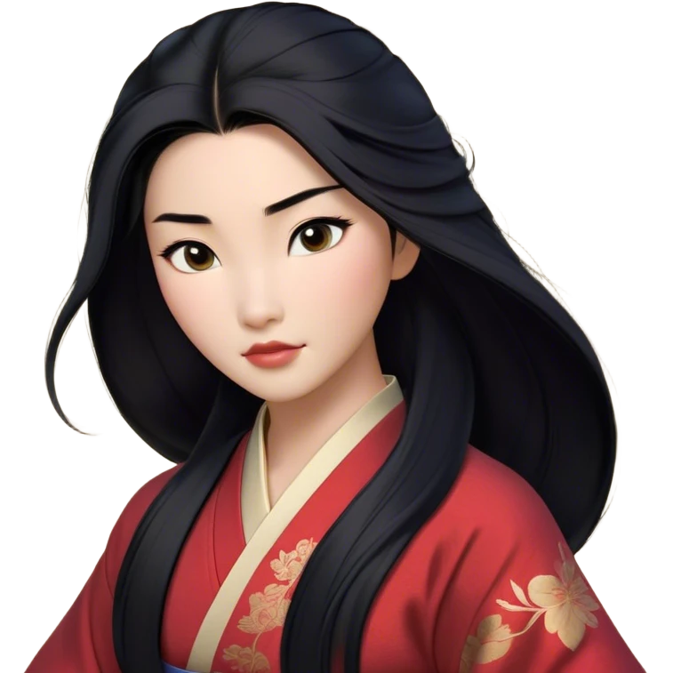 Cinematic Realistic Mulan Portrait, depicted with lifelike skin texture, soft natural lighting, and intricately detailed long black hair styled elegantly. Her deep, expressive eyes exude determination and grace, complemented by a serene yet confident expression. She is dressed in her classic attire, with rich fabric textures and delicate folds that catch the light beautifully. The portrait features a soft, enchanting glow with a natural, radiant finish, capturing the essence of timeless strength and beauty in a realistic and painterly style, evoking a sense of depth and authenticity. emoji