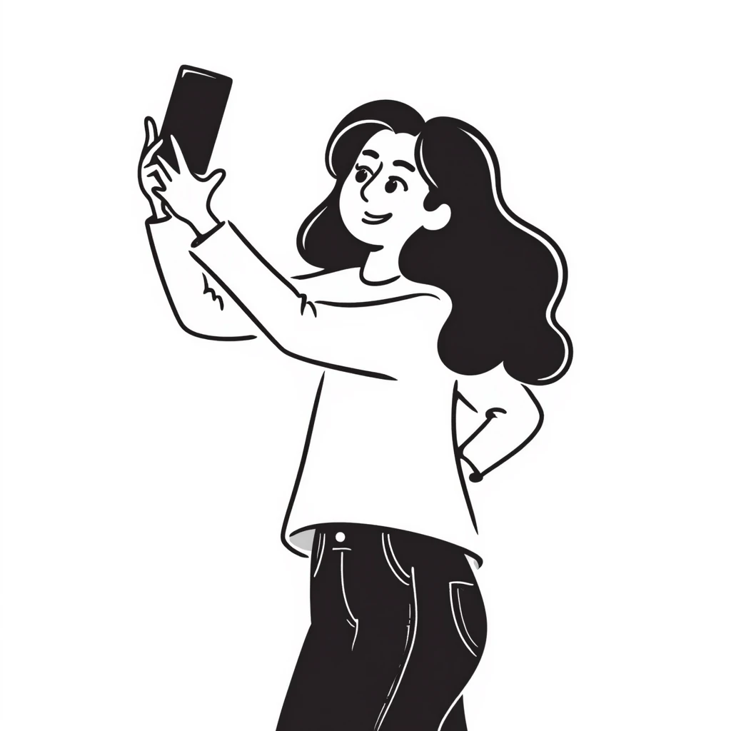 Young woman with long brown hair, casual style, taking a selfie, social media influencer emoji