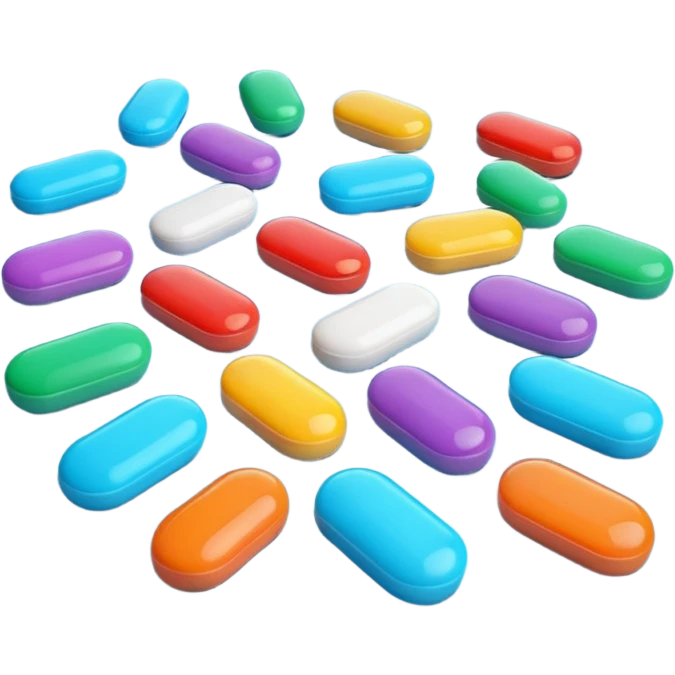 A group of colorful 3D cartoon pills scattered on a flat surface, round and oval shapes, soft lighting, smooth glossy finish, Memoji-style realism. emoji