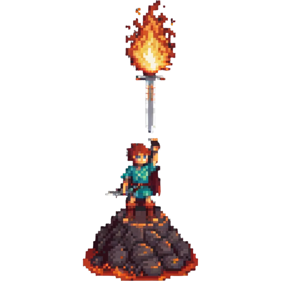 a boy with a flaming sword on a volcano, pixel art style, retro video game look emoji