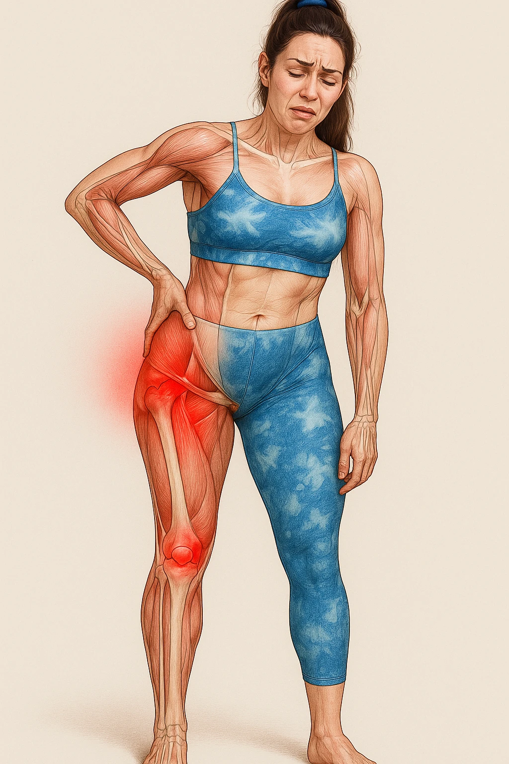 Realistic anatomical illustration of a woman in sportswear inspired by the reference photo, showing pain in the left hip with highlighted muscles and joints involved, hand on the painful area, pained expression, neutral background. emoji
