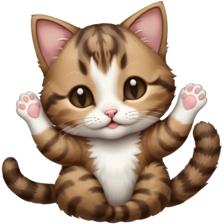 dark brown tabby and white kitten with his eyes closed whilst in funny positions stretched out and  upside down emoji