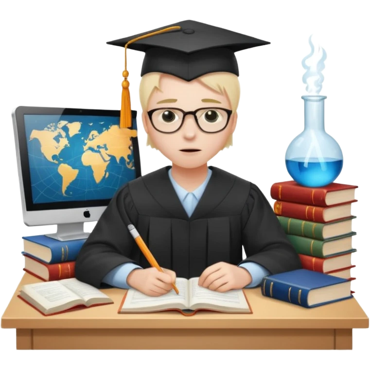 A very exhausted graduate student studying statistical physics. With some books on statistical physics, and a lot of papers, and computers emoji