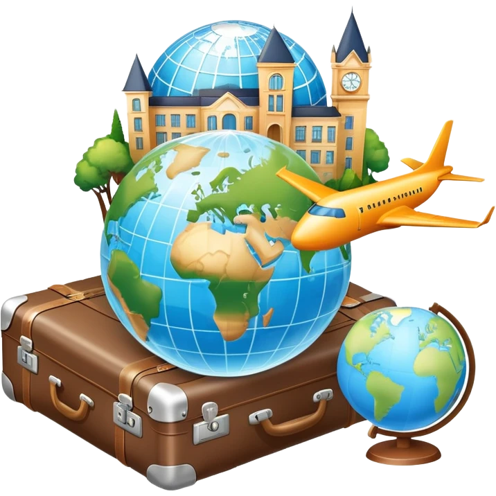 An icon featuring a suitcase, a hotel building, and one globe, symbolizing tourism and hospitality. The design includes a plane and a map, representing travel and accommodation services. Transparent background highlights the global nature of tourism and the hospitality industry. emoji