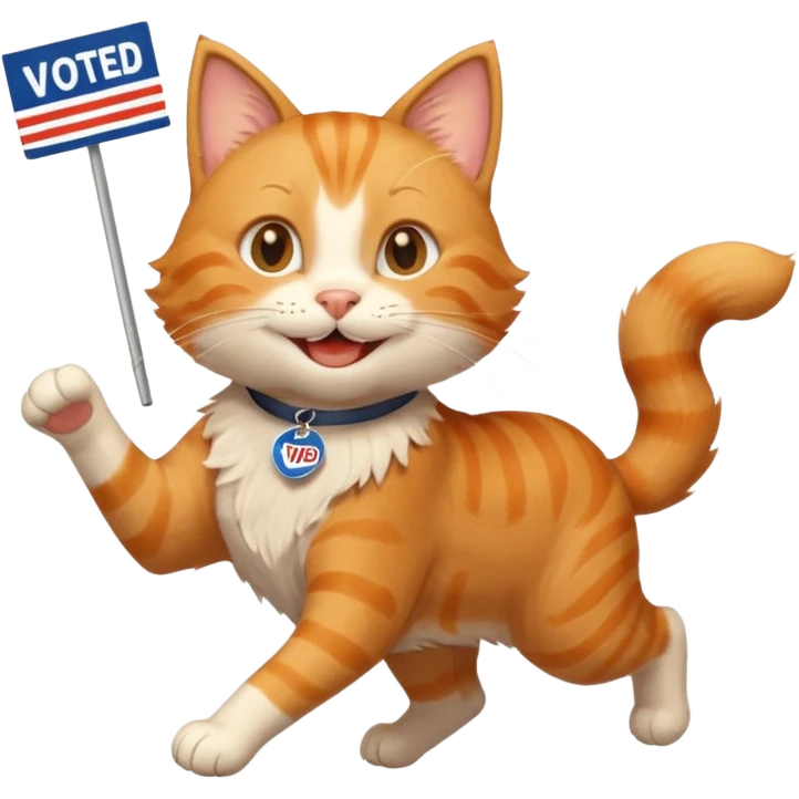 happy cat running for president with an "i voted" sticker emoji