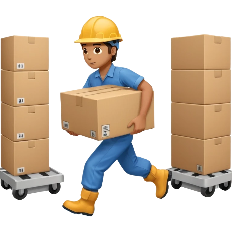 Animación educativa sobre un accidente laboral en un entorno industrial. Un trabajador de fábrica, con casco pero sin otros elementos de protección personal, resbala en un piso mojado y cae al suelo mientras transporta una caja. emoji