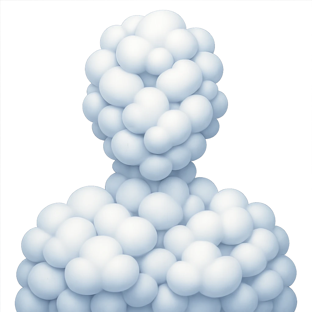 front view contour of a person from shoulders up, filled entirely with 3D emoji-style clouds that are voluminous, white, soft, with realistic light and shadows, in 3D emoji style emoji