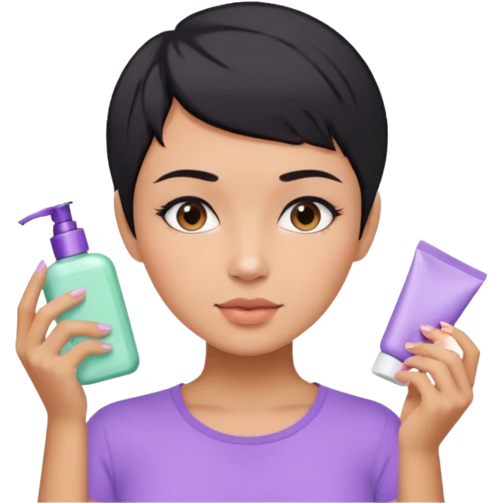 tan girl with pastel purple shirt with black hair & a pixie, doing her skin care emoji
