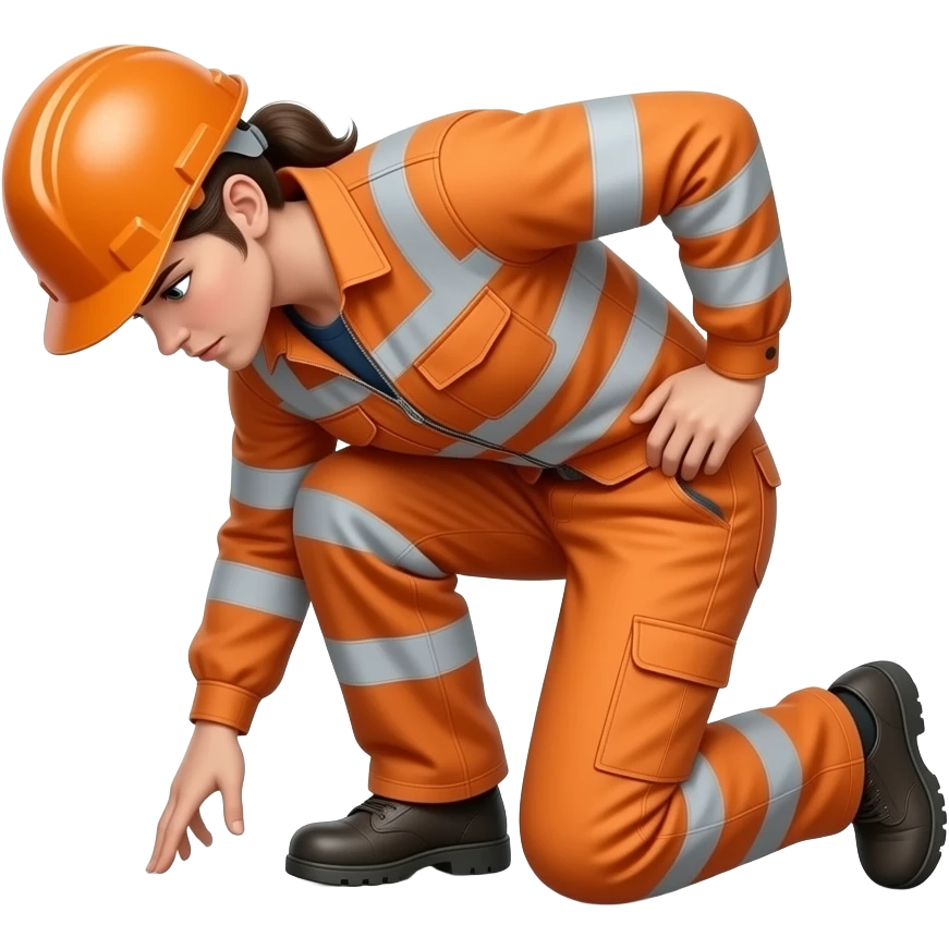 woman, in full orange hi-vis overalls with sleeves and hard hat, looking at floor emoji