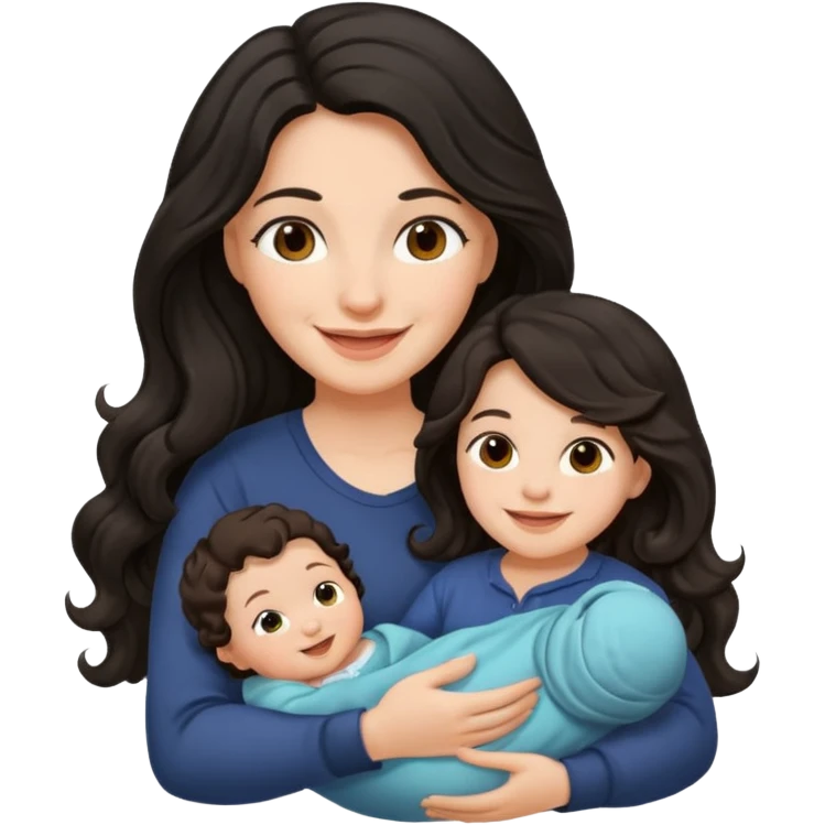 Mother long black wavy  hair  holding 1 infant brown hair fair skin emoji