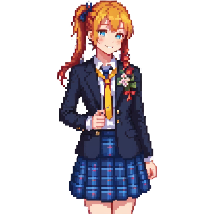 cheerful high school girl with orange side ponytail and yellow ribbon, blue eyes, navy blazer, red ribbon, blue plaid skirt, standing in a school courtyard with cherry blossoms, spring breeze, energetic smile emoji