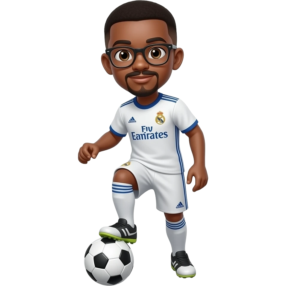 black boy with glasses playing soccer with a madrid jersey and a little mustache and a goatee emoji