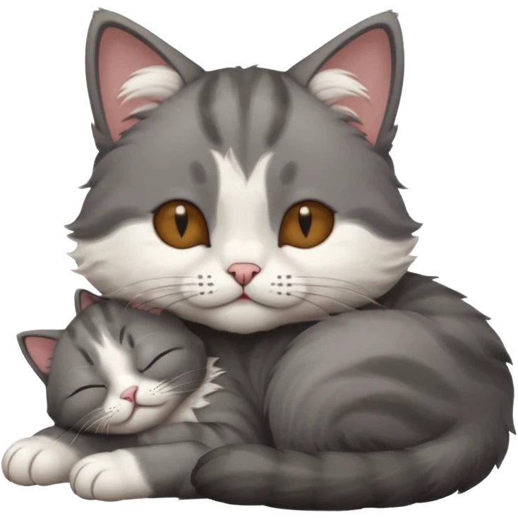 dark grey and white small cat with his eyes closed leaning his head on his paw while lying down emoji