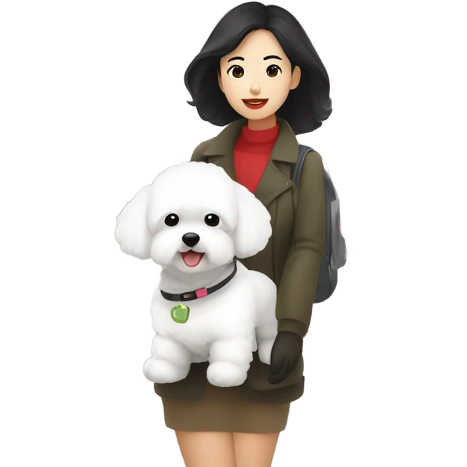 A cute korean style bichon frise with a dark-haired Asian woman at the airport  emoji