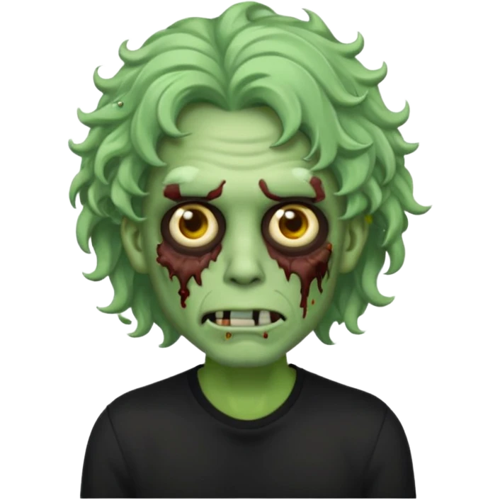 Emoji masculino de zumbi estilo iPhone,com cabelo ondulado grande, camisa preta e brincos emoji