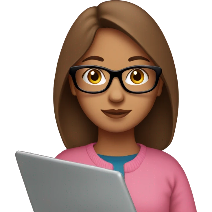 Girl with straight brown hair and black glasses frame and in pink sweater working behind laptop emoji