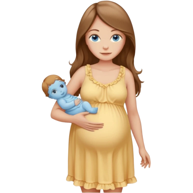 Beautiful Woman with Blue eyes, and long flowing almond brown hair and a light peachy tan skin tone, standing in a relaxed pose touching her visible baby bump in a frilly buttercream yellow colored babydoll sundress  emoji