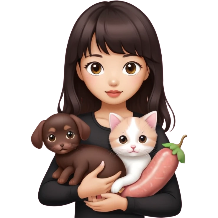 Asain girl with pink blush, wearing a black skinny top, long dark brown curled hair with straight bangs. Carrying a white kitten and a brown sausage puppy.  emoji
