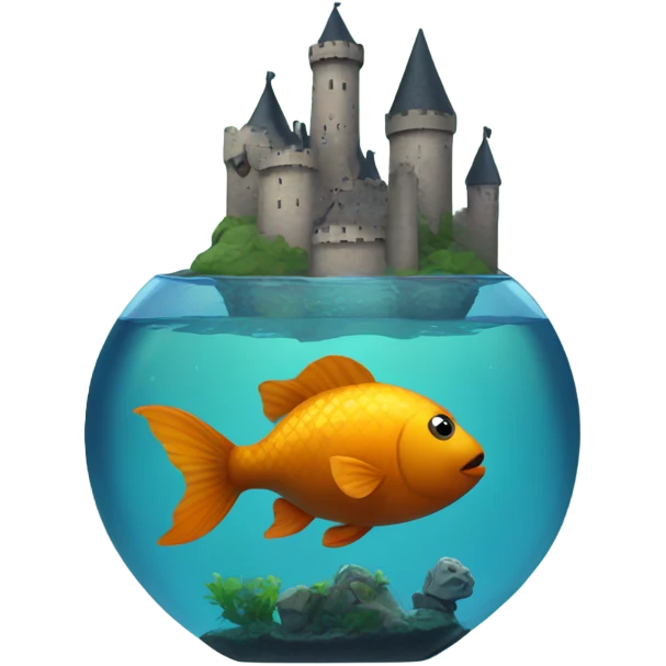a black chubby fish swimming in a tank that has a castle in it emoji