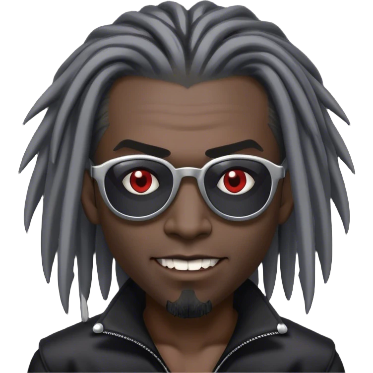 Black Vampire wearing sunglasses, shoulder length black and grey dreadlock hair comb over to one side. emoji