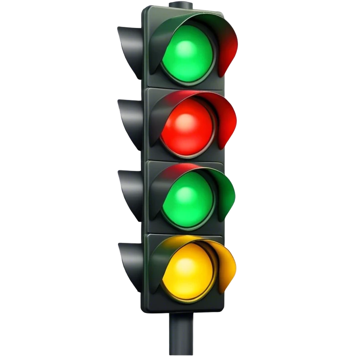 Traffic signal with green light illuminated. Top light red and dark. Middle light is yellow and dark. Bottom light is green and bright emoji