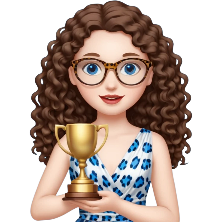 A girl with white pale skin, full lips, brunette LONG curly hair. She is wearing a white  silk dress. She is holding an award and happy. She has a leopard print round-ish shaped glasses. She has blue eyes. emoji